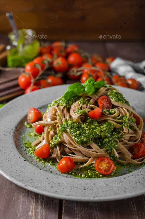 Pasta with basil pesto and parmesan Stock Photo by PeteerS PhotoDune